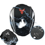Motorcycle backpack with water splashes and a close-up of water droplets, featuring the Moto Centric brand.