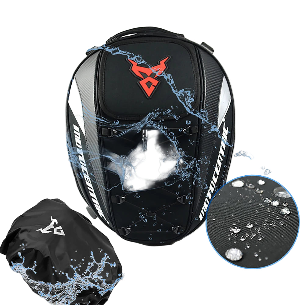 Motorcycle backpack with water splashes and a close-up of water droplets, featuring the Moto Centric brand.
