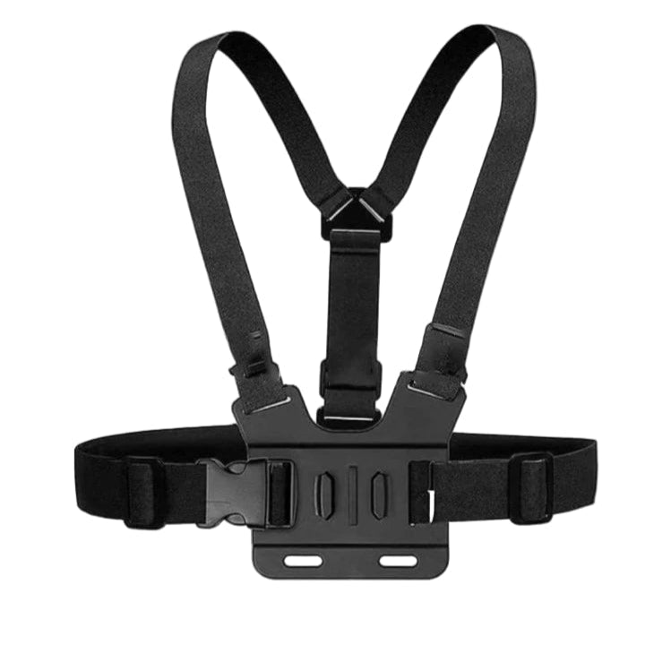 Black chest harness and mounting accessories on a white background