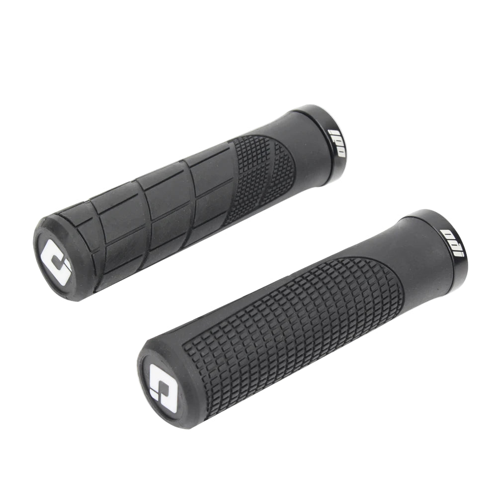 Black motorcycle grips with ODI branding on a white background