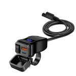 Black car charger with USB ports and cable, featuring fast charging technology on a white background.