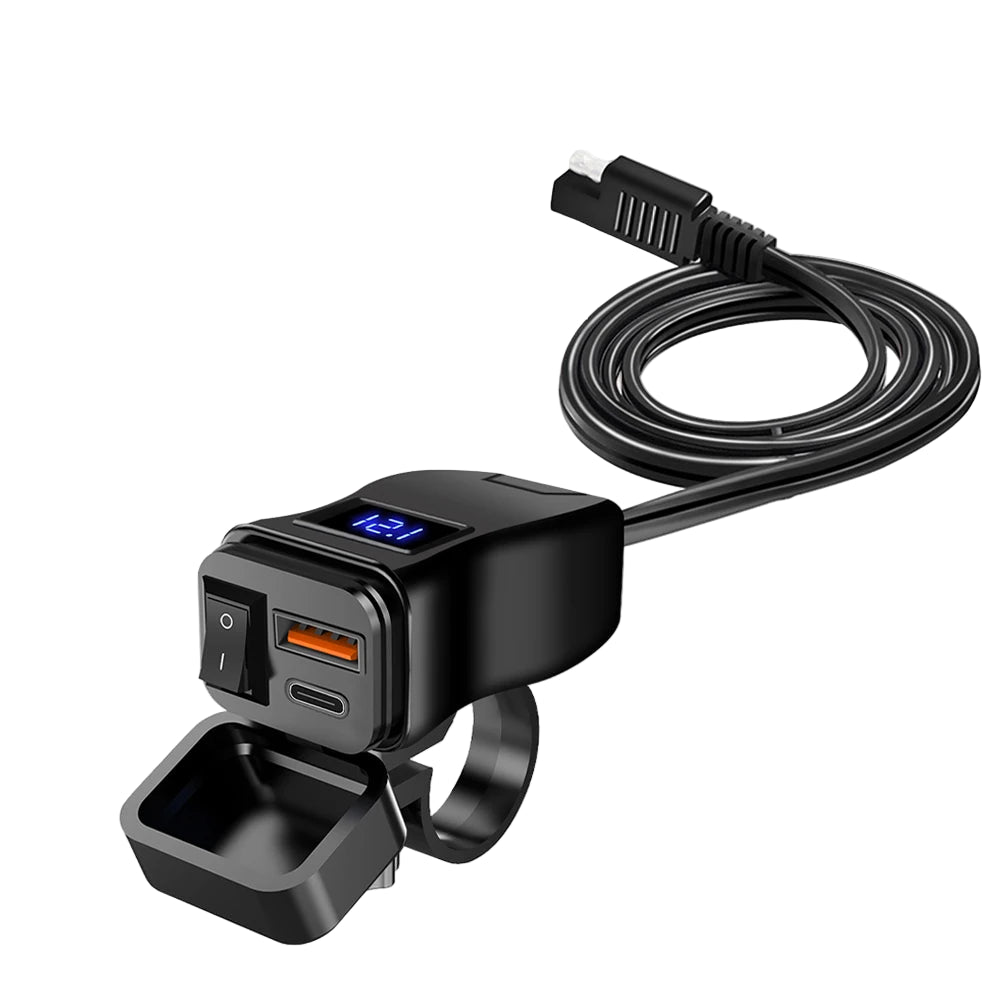 Black car charger with USB ports and cable, featuring fast charging technology on a white background.