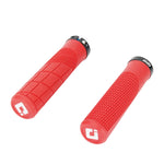Red motorcycle grips with ODI logo on a white background