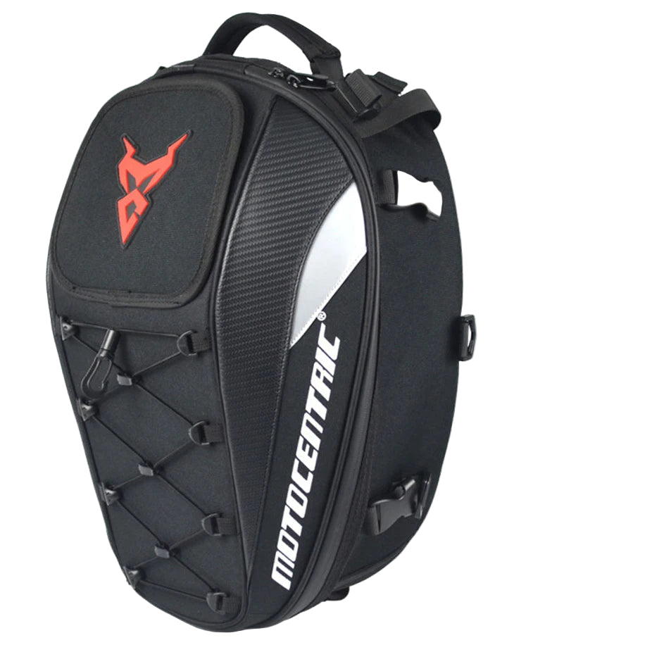 Black motorcycle saddlebag with red logo and 'Motocentric' branding, featuring a capacity indicator of 37L.