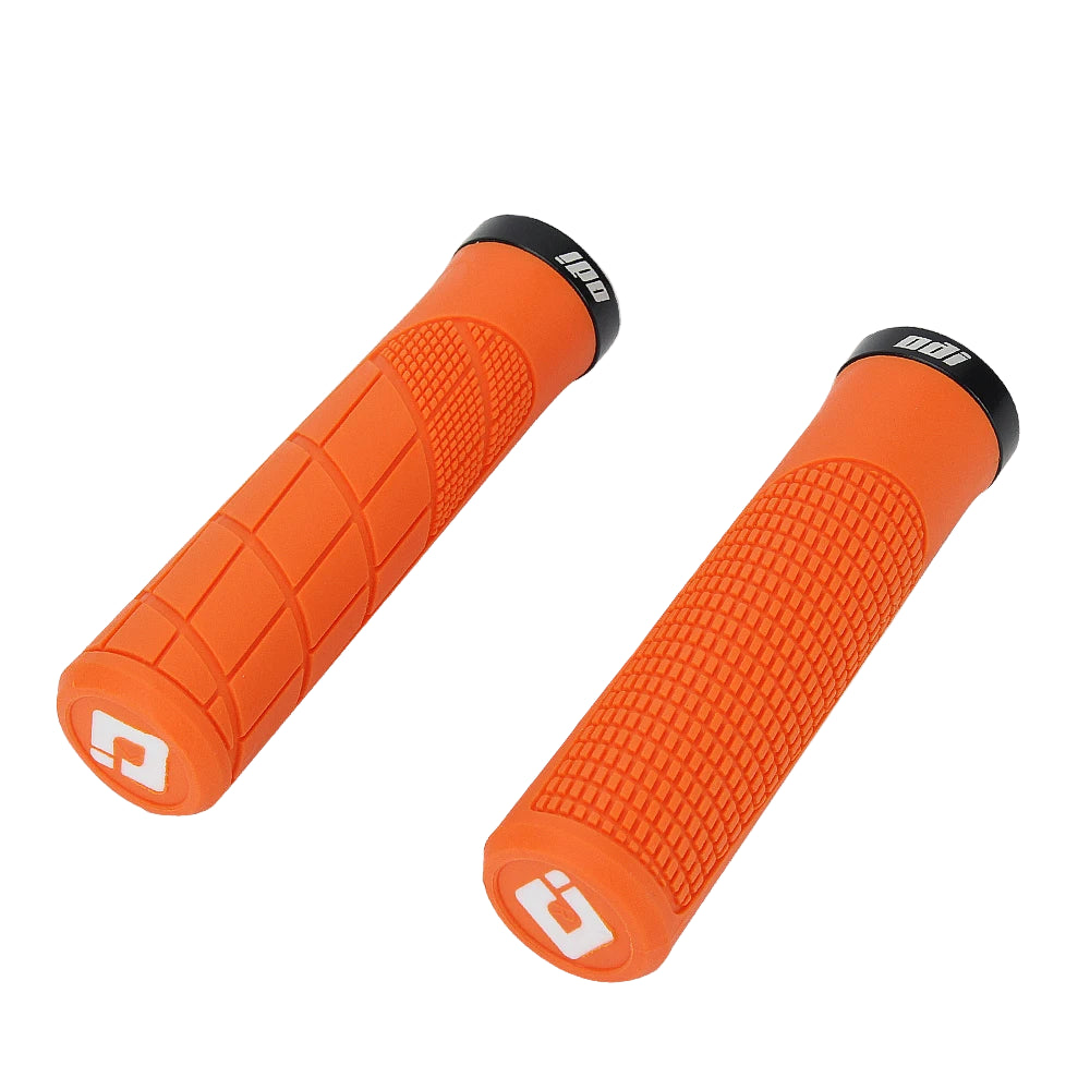 Orange bicycle grips with black ends on a white background.